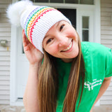 Rainbow and White Slouchy Adult Size Beanie with removable pom pom